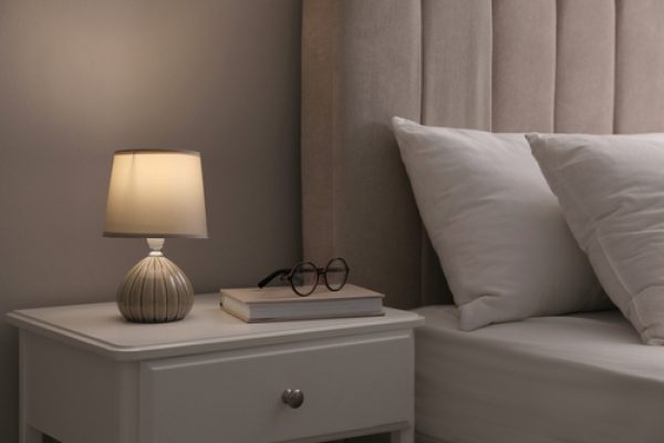Stylish,Lamp,,Book,And,Glasses,On,Bedside,Table,Indoors.,Bedroom